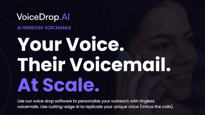 A woman smiles while talking on a smartphone. The text on the image promotes VoiceDrop.AI, Eric Siu’s AI ringless voicemail service for personalized outreach at scale, highlighting its ability to replicate unique voices. VoiceDrop Ringless Voicemails