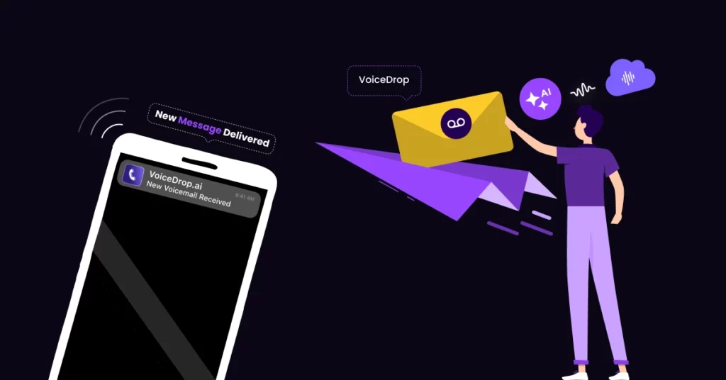 Illustration of a phone receiving a New Voicemail Received alert from VoiceDrop.ai, with a person sending a yellow envelope featuring icons for voicemail, AI, sound waves-perfect for showcasing ringless voicemails or ways to bypass iPhone call screening. VoiceDrop Ringless Voicemails