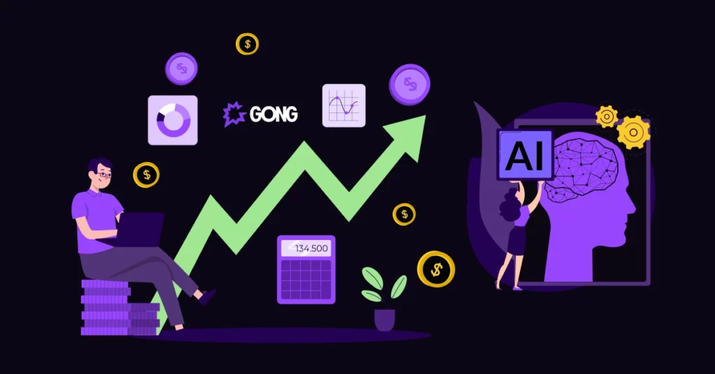 A man sits on stacked coins using a laptop, surrounded by dollar signs, graphs, and a rising green arrow symbolizing increased sales. Nearby, a woman holds an AI sign next to a purple brain illustration with gears, highlighting tools like Gong.io. VoiceDrop Ringless Voicemails