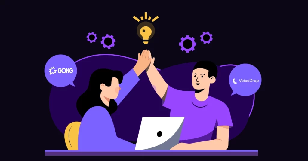 Two people sit at a desk with a laptop, giving a high five. Speech bubbles say GONG and VoiceDrop, highlighting tools like Gong.io to increase sales. Purple gears and a glowing lightbulb above them symbolize teamwork and new ideas. VoiceDrop Ringless Voicemails