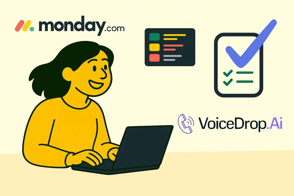 Illustration of a woman using a laptop, with Monday.com and VoiceDrop logos, a checklist featuring a large blue checkmark, and a multi-colored status board in the background to highlight how you can automate project workflows. VoiceDrop Ringless Voicemails