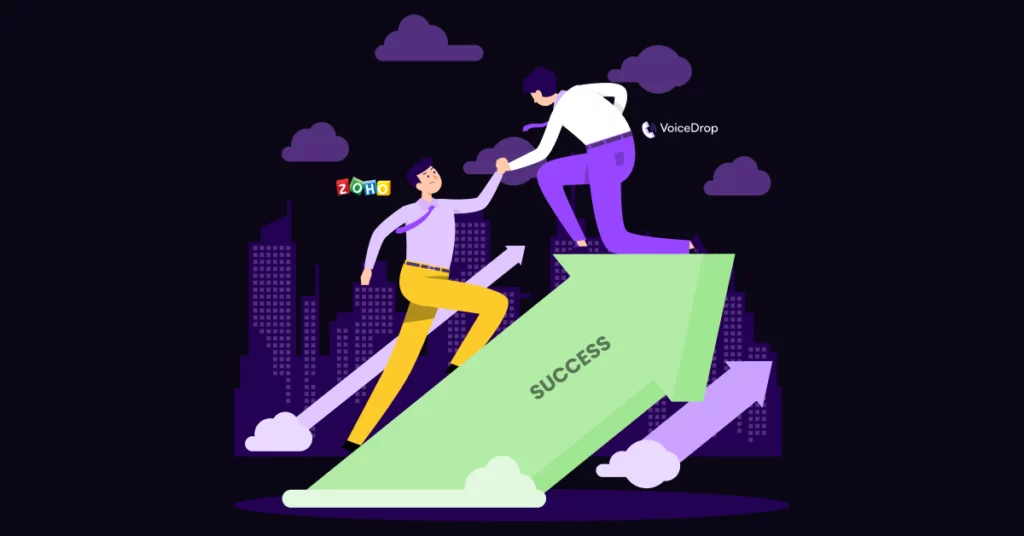 Two illustrated people help each other climb a large green arrow labeled SUCCESS, symbolizing teamwork and progress in optimizing Sales Workflows, set against a cityscape background with clouds. VoiceDrop Ringless Voicemails
