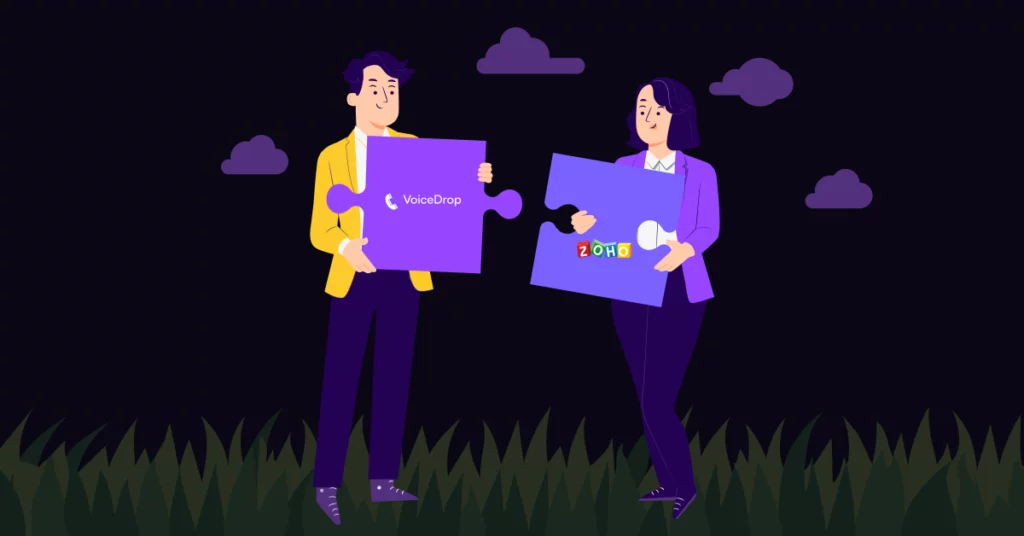 Illustration of two people standing on grass at night, each holding a large puzzle piece-one says VoiceDrop and the other features the Zoho logo, symbolizing Sales Workflows and Ringless Voicemail Integration in a seamless partnership. VoiceDrop Ringless Voicemails