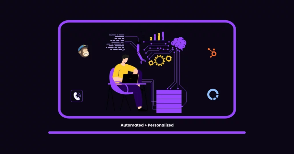 Illustration of a person using a laptop, surrounded by digital marketing icons, gears, charts, and automation symbols-representing automated and personalized technology solutions for your Donor Retention Communication Plan. Text below reads Automated + Personalized. VoiceDrop Ringless Voicemails