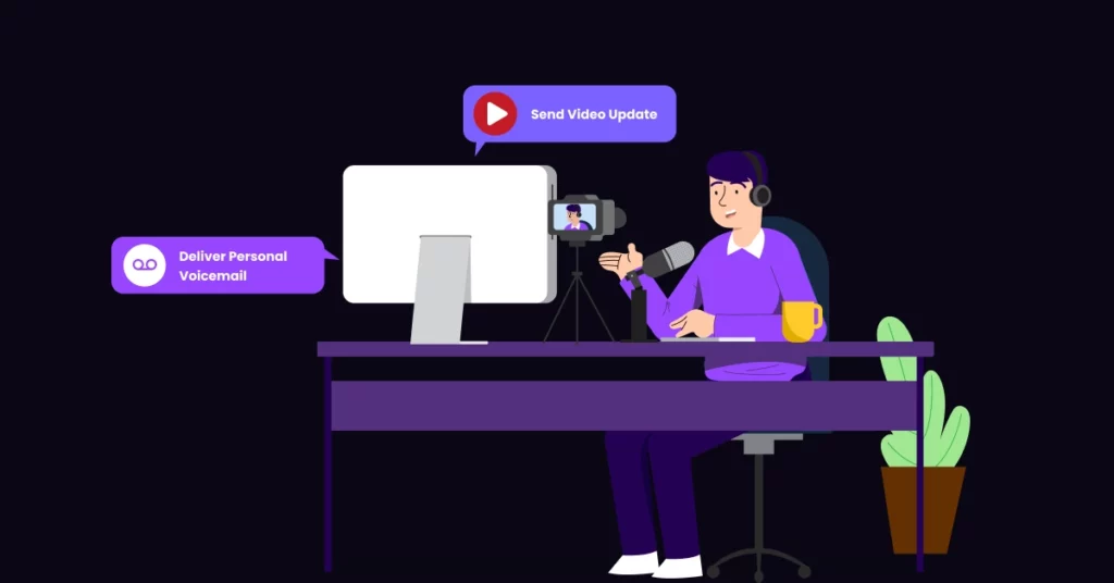 An illustrated person sits at a desk with a microphone and computer, recording a video on a camera. Speech bubbles say Deliver Personalized Messages and Increase Recurring Donations. A coffee mug and plant are on the desk. VoiceDrop Ringless Voicemails