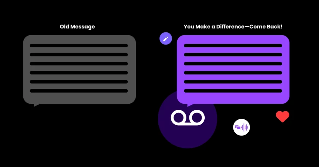 Two speech bubbles: a plain gray one labeled Old Message and a vibrant purple one labeled You Make a Difference-Come Back! with icons for voicemail, sound, and a red heart, capturing the spirit of Nonprofit Donor Reactivation on a black background. VoiceDrop Ringless Voicemails