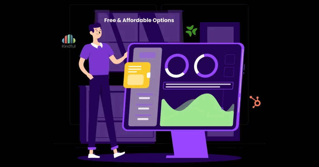 Illustration of a person pointing at a large computer screen displaying charts and graphs, with the text Free & Affordable Options above. Perfect for nonprofit outreach or those looking to scale their nonprofit with limited resources. Features office elements and the Kindful logo. VoiceDrop Ringless Voicemails
