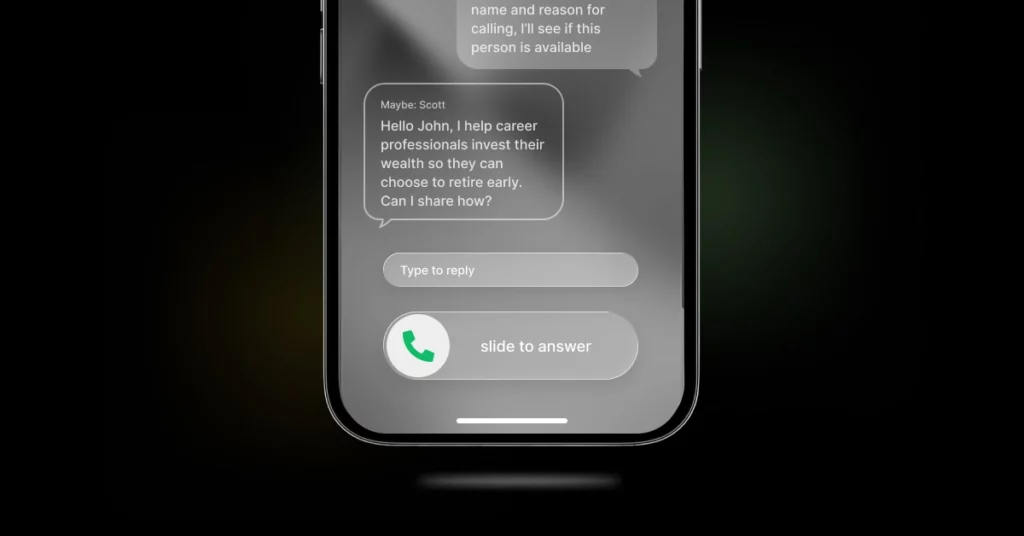 A smartphone screen, featuring iPhone call screening, displays a message: Hello John, I help career professionals invest their wealth so they can choose to retire early. Can I share how? with a “slide to answer” call prompt below. VoiceDrop Ringless Voicemails