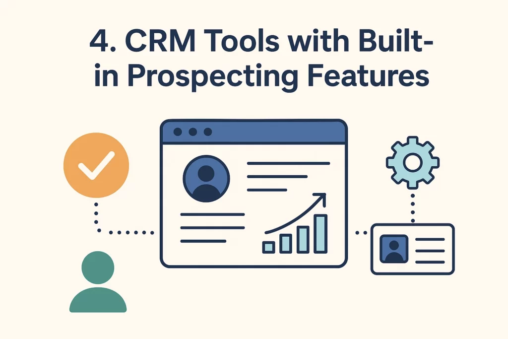 Illustration showing “4. CRM Tools with Built-in Prospecting Features”-ideal for Insurance Agent Prospecting-with icons of a person, a check mark, a browser window with a profile and growth chart, and a gear connected by dotted lines. VoiceDrop Ringless Voicemails