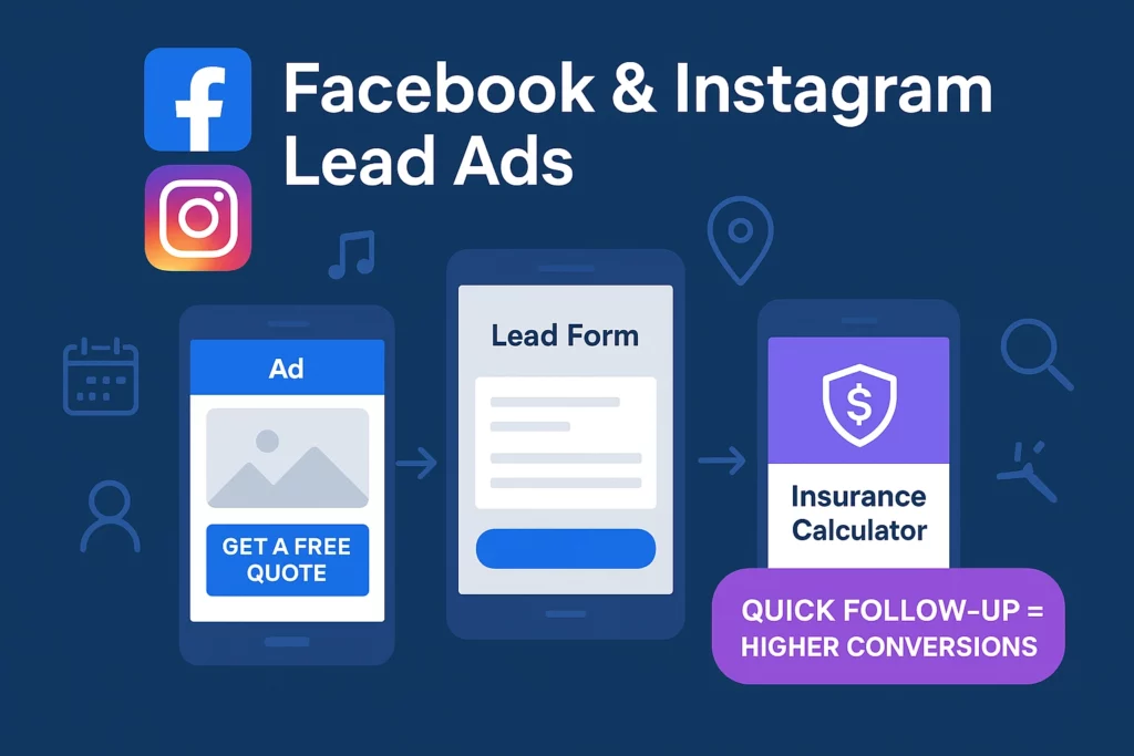 A graphic showing Facebook and Instagram Lead Ads for Insurance Agent Prospecting. It illustrates an ad offering a free quote, a lead form, and an insurance calculator, with a note stating Quick follow-up = higher conversions. VoiceDrop Ringless Voicemails