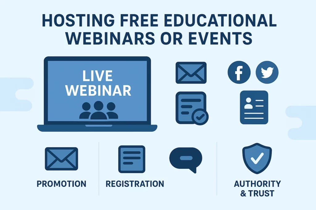 Infographic showing a laptop with Live Webinar on screen, surrounded by icons for email, social media, and a shield labeled Authority & Trust-highlighting how free educational webinars boost Insurance Agent Prospecting. VoiceDrop Ringless Voicemails