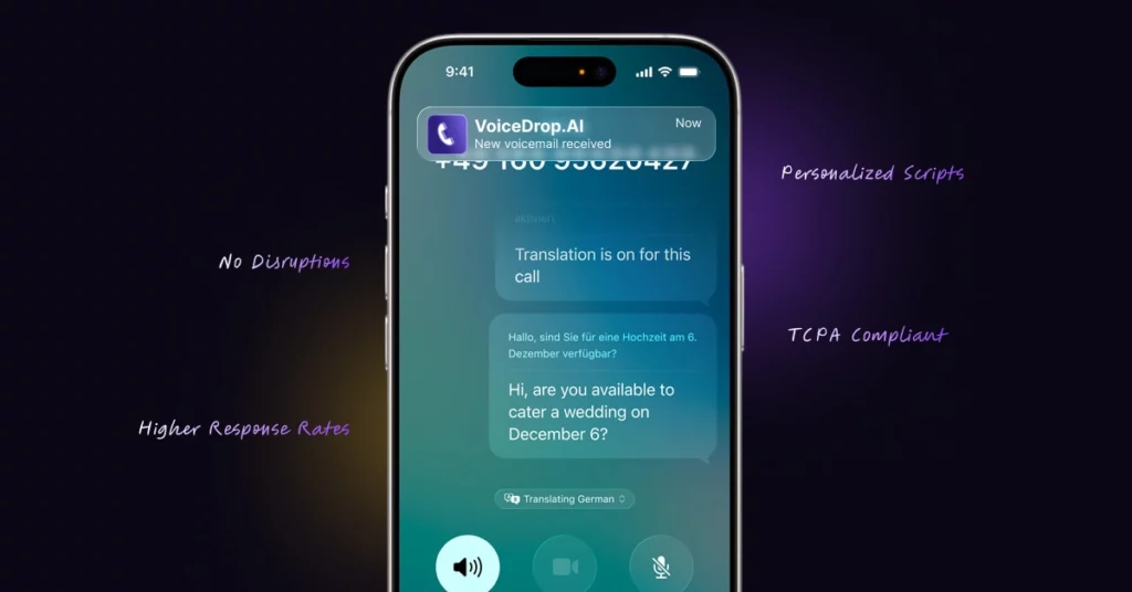 A smartphone screen shows an incoming voicemail from VoiceDrop.AI and a translation feature in use-perfect for insurance agent prospecting. Purple text around the phone highlights features: No Disruptions, Personalized Scripts, TCPA Compliant, and Higher Response Rates. VoiceDrop Ringless Voicemails