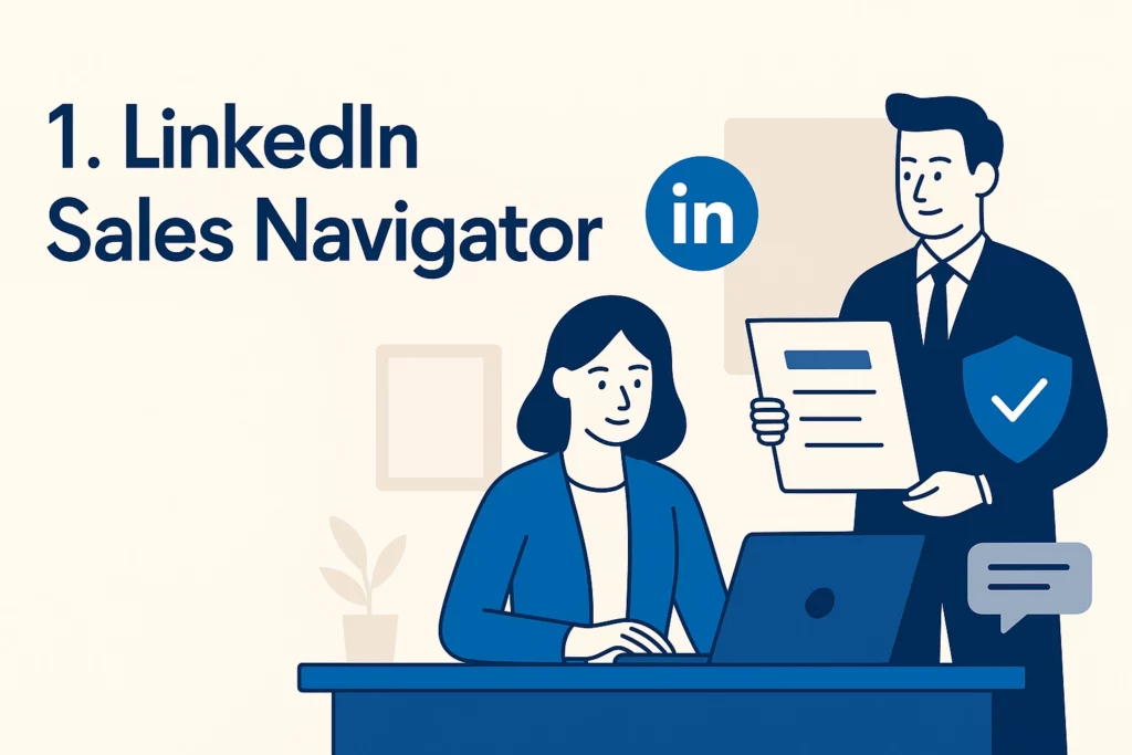 Illustration of a woman working on a laptop at a desk while a man stands beside her holding a document. Text reads 1. Insurance Agent Prospecting with LinkedIn Sales Navigator and a LinkedIn logo above. VoiceDrop Ringless Voicemails