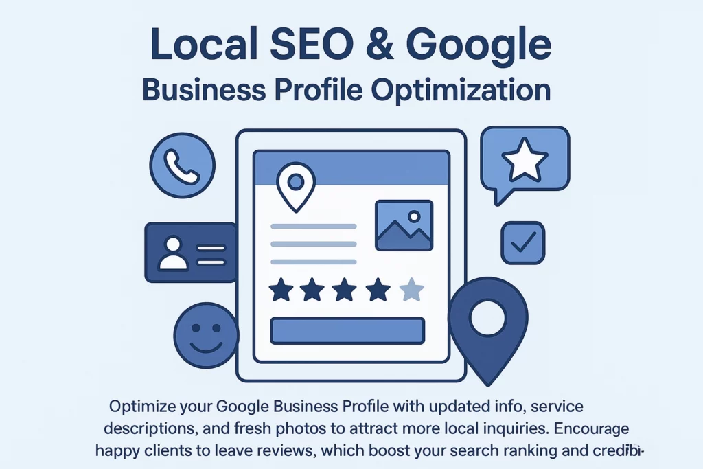 Illustration showing a tablet with icons for reviews, stars, messages, location, camera, and smiley face, promoting Local SEO & Google Business Profile Optimization. Ideal for Insurance Agent Prospecting-highlighting updated info and earning positive reviews. VoiceDrop Ringless Voicemails