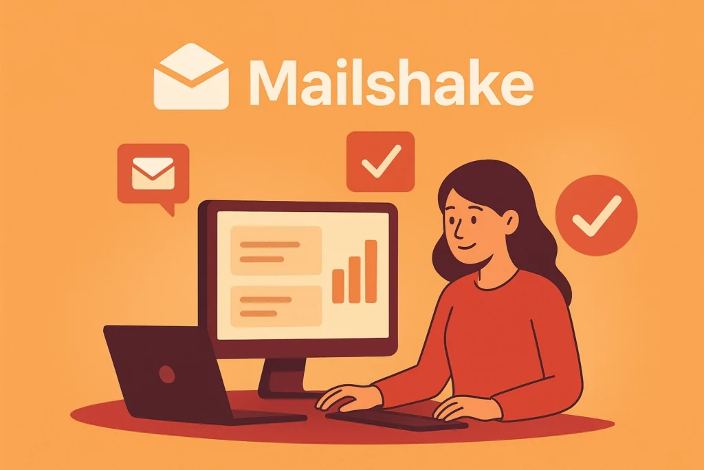 Illustration of a woman working at a desk with a computer and laptop, surrounded by checkmarks and an email icon. The word Mailshake with an envelope symbol appears above, highlighting Sales Outreach Tools for Remote Teams in an orange color scheme. VoiceDrop Ringless Voicemails