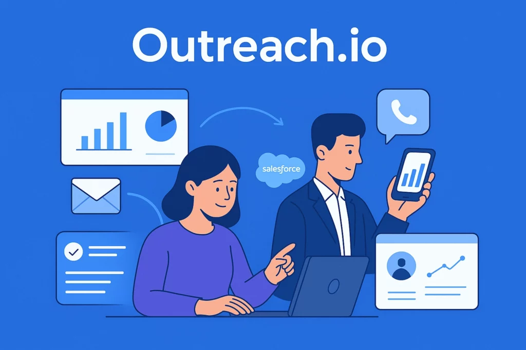 Illustration of two professionals using digital devices, surrounded by icons for charts, email, and phone, with Outreach.io at the top-highlighting Sales Outreach Tools for Remote Teams and seamless business communication. VoiceDrop Ringless Voicemails