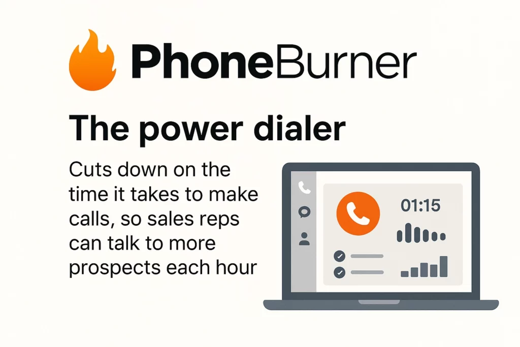An illustration of a laptop screen displaying call analytics and a timer, with the PhoneBurner logo and flame icon above text describing it as a power dialer and one of the top Sales Outreach Tools for Remote Teams to boost calls in less time. VoiceDrop Ringless Voicemails
