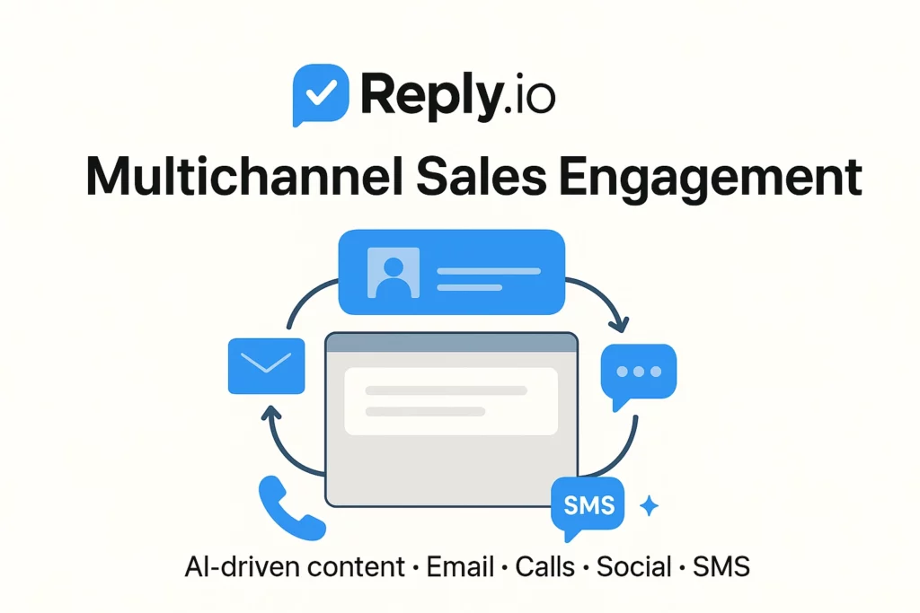 Reply.io Multichannel Sales Engagement graphic showcases Sales Outreach Tools for Remote Teams, featuring icons for email, phone, chat, and SMS, plus text highlighting AI-driven content, email, calls, social, and SMS. VoiceDrop Ringless Voicemails