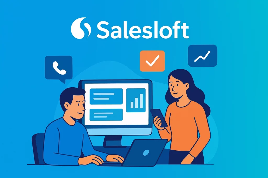 Illustration of two people working with a computer and a phone under the Salesloft logo, highlighting Sales Outreach Tools for Remote Teams with icons of a phone, check mark, and upward graph on a blue gradient background. VoiceDrop Ringless Voicemails