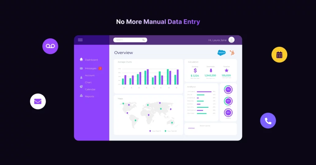 A dashboard interface for data analytics with charts, graphs, a world map, and tools ideal for remote teams. The side menu includes dashboard, messages, account, reports, and more. Header says No More Manual Data Entry-perfect for sales outreach tools. VoiceDrop Ringless Voicemails