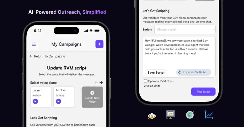 Two smartphone screens display an AI-powered sales outreach tools app interface. The left screen shows campaign and voice selection options, while the right features a customizable script editor-ideal for remote teams managing scripts on the go. VoiceDrop Ringless Voicemails