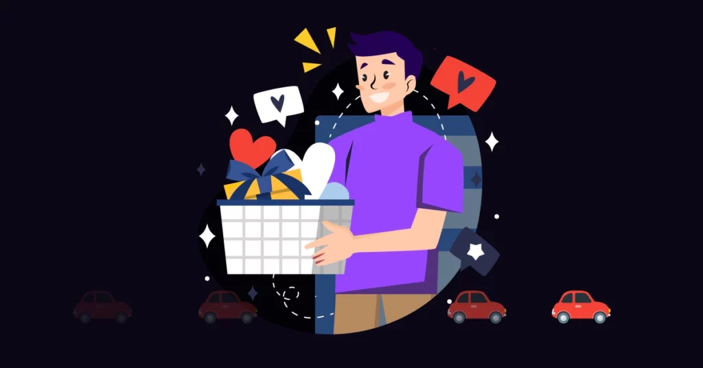 Illustration of a smiling person holding a gift basket filled with a heart and present, surrounded by heart and like icons, with small red cars at the bottom-perfect for boosting client retention in auto insurance. VoiceDrop Ringless Voicemails