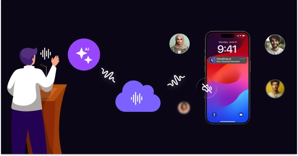 Illustration of a person at a podium speaking into a microphone, with sound waves and AI icons connecting to a smartphone. The phone displays a voice memo notification, highlighting how to automate political campaign messaging to reach diverse audiences. VoiceDrop Ringless Voicemails