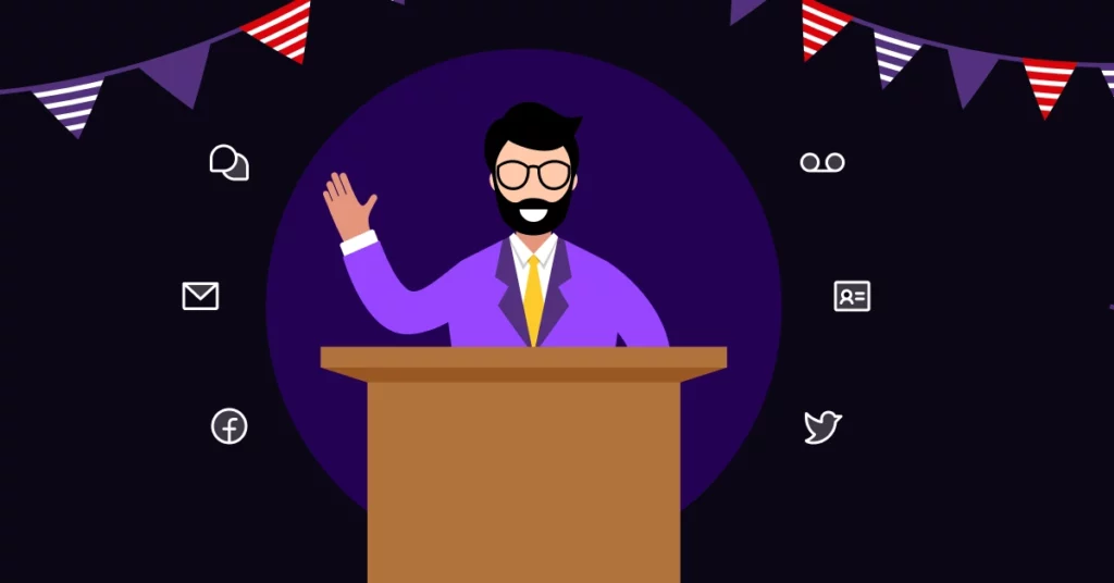 Illustration of a man with a beard and glasses in a purple suit waving at a podium, surrounded by social media icons and festive pennant banners-perfect for themes like how to Automate Political Campaign Messaging. VoiceDrop Ringless Voicemails