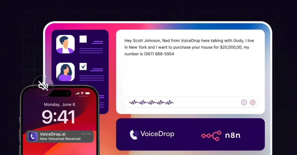 A digital interface shows an AI Ringless Voicemail transcript offering to buy a house for $20,000, a phone with a Voicemail Received notification, and icons for VoiceDrop and n8n. The date on the phone screen is June 6, 9:41. VoiceDrop Ringless Voicemails