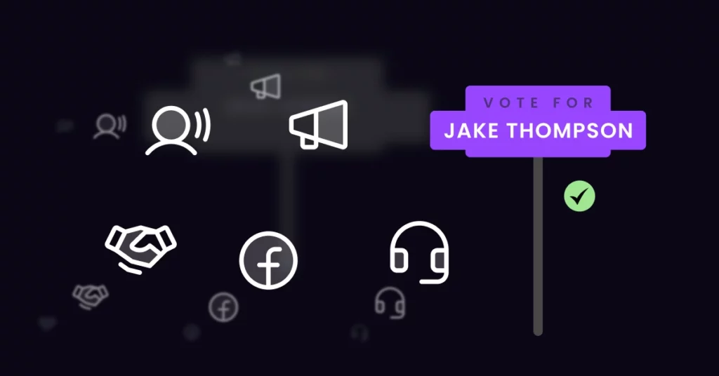 A graphic highlighting Political Candidate Name Recognition with white icons-a person with sound waves, a megaphone, handshake, Facebook logos, and headset-on a dark background. A purple sign says Vote for Jake Thompson with a green checkmark. VoiceDrop Ringless Voicemails