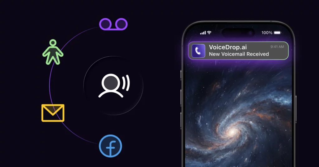 A smartphone displays a voicemail notification from VoiceDrop.ai. Beside the phone, icons for voicemail, a person, an envelope, and Facebook-connected by curved lines-suggest powerful tools for Political Candidate Name Recognition on a dark background. VoiceDrop Ringless Voicemails