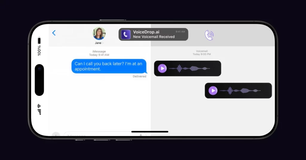 A smartphone screen displays a text from Jane-“Can I call you back later? I’m at an appointment”-alongside voicemail audio messages and a new VoiceDrop.ai notification, highlighting the convenience of Voice Messaging vs Text Messaging Conversion. VoiceDrop Ringless Voicemails