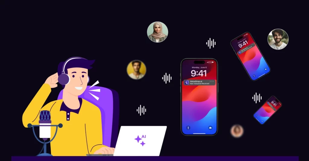 Illustration of a person with headphones and a microphone at a desk, surrounded by floating smartphones and profile photos, representing virtual podcasting or online voice chat featuring Voice Messaging vs Text Messaging Conversion using AI technology. VoiceDrop Ringless Voicemails