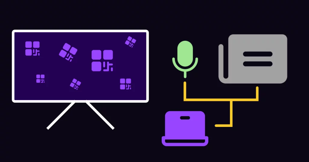 A graphic shows a TV displaying purple app icons on the left, and on the right, a microphone, laptop, and document connected by yellow lines-symbolizing digital content creation and broadcast for Nonprofit Fundraising Event Promotion. VoiceDrop Ringless Voicemails