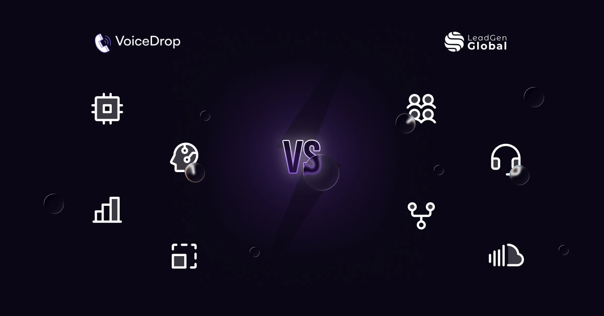 A comparison graphic featuring VoiceDrop vs Leadgg: VoiceDrop on the left and LeadGen Global on the right, separated by "VS" in the center, with various technology and communication icons highlighting each platform’s strengths. VoiceDrop Ringless Voicemails