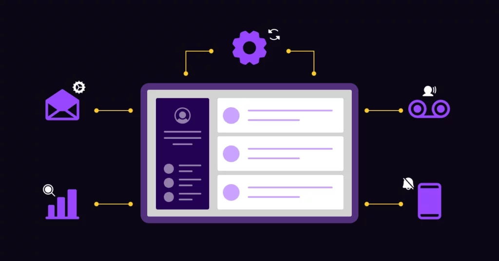 A stylized dashboard interface is centered, with purple icons around it representing email, settings, user management, analytics, contacts, and mobile notifications-ideal for a Volunteer Recruitment Communication Plan-all linked by yellow dotted lines. VoiceDrop Ringless Voicemails