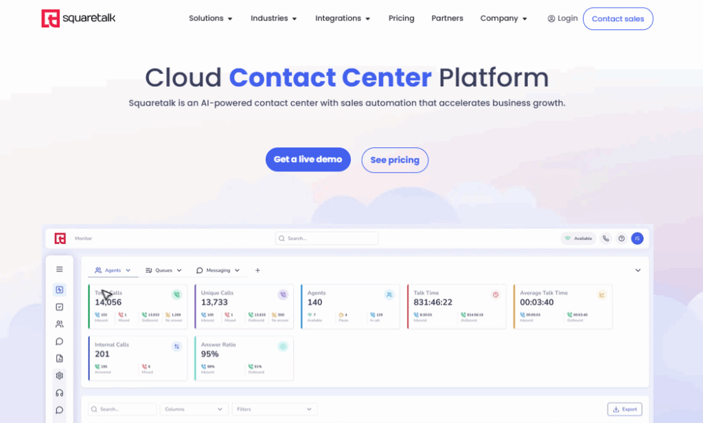 A web page for Squaretalks Cloud Contact Center Platform shows a dashboard with call metrics, agent statuses, and Squaretalk Breakdown performance stats. Top navigation includes solutions, pricing, and a “Get a live demo” button. VoiceDrop Ringless Voicemails