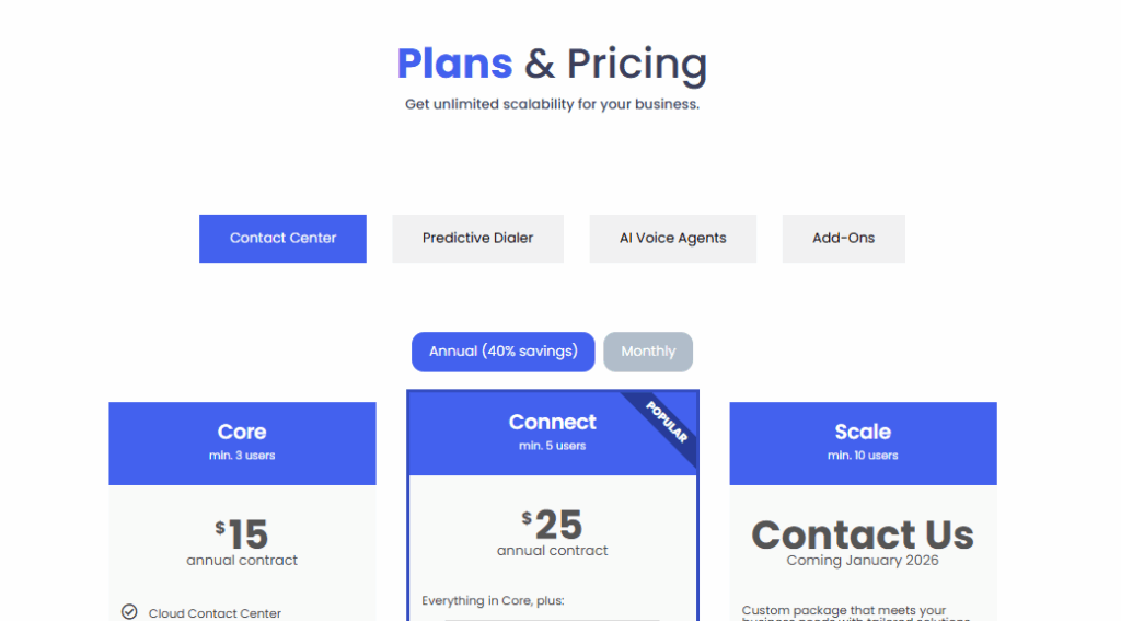 Screenshot of the Squaretalk pricing page for 2025, highlighting three plans: Core at $15/year, Connect at $25/year (min. 5 users, popular), and Scale with custom pricing. Tabs feature Contact Center, Predictive Dialer, AI Voice Agents, Add-Ons. VoiceDrop Ringless Voicemails