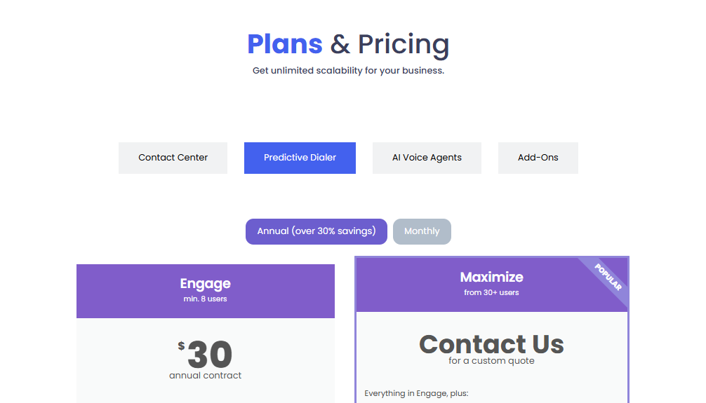 Screenshot of a “Plans & Pricing” page showing options for contact center services. The “Predictive Dialer” is selected, revealing the 2025 Squaretalk pricing for the Engage and Maximize plans with annual or monthly billing choices. VoiceDrop Ringless Voicemails