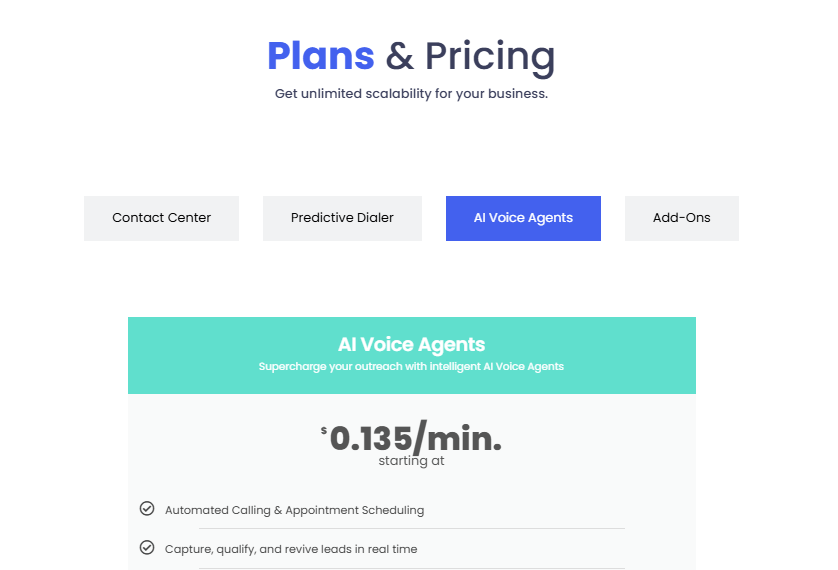 Explore the Squaretalk pricing page for 2025, featuring four tabs: Contact Center, Predictive Dialer, AI Voice Agents (selected), and Add-Ons. The AI Voice Agents tab shows $0.135/min. with automated calling and lead capture features. VoiceDrop Ringless Voicemails