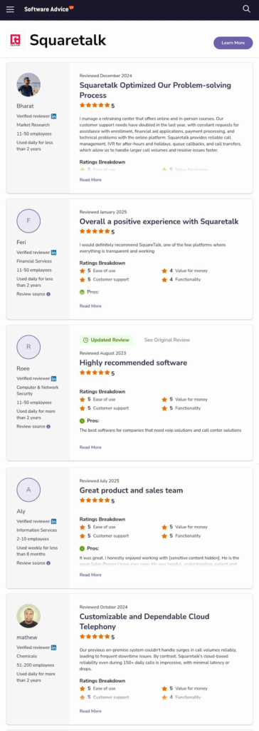 A review page from Software Advice shows user ratings and feedback for Squaretalk, highlighting several squaretalk reviews, their ratings out of five stars, and brief review summaries ranging from positive to mixed experiences. VoiceDrop Ringless Voicemails