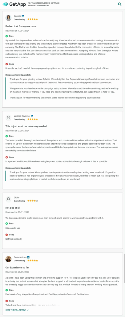 Screenshot of three user reviews for a software on GetApp. Each review includes star ratings, pros, cons, and a summary, with green checkmarks for verified reviews and options to read the full Squaretalk reviews. VoiceDrop Ringless Voicemails