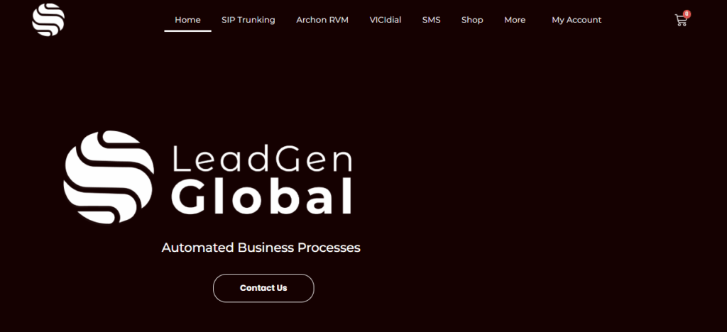 Screenshot of LeadGen Global’s homepage with a dark background, company logo, navigation menu, tagline “Automated Business Processes,” and a prominent “Contact Us” button-plus insights on LeadGG Pricing for 2025. VoiceDrop Ringless Voicemails