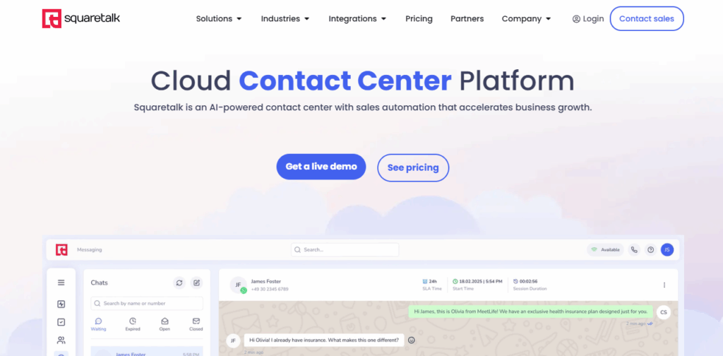 Screenshot of Squaretalk's website homepage, featuring the headline Cloud Contact Center Platform, buttons for Get a live demo and See Squaretalk pricing, plus a partial view of the contact center dashboard interface. VoiceDrop Ringless Voicemails