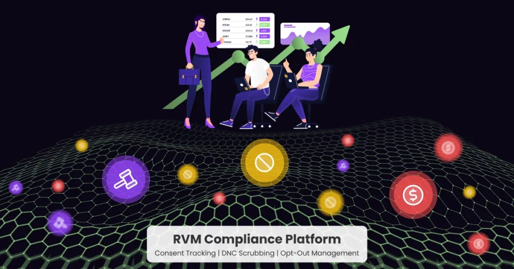 Illustration of three people discussing analytics in front of a screen and green upward arrow, with floating digital marketing icons and RVM Compliance Platform: Consent Tracking | DNC Scrubbing | Opt-Out Management text at the bottom. VoiceDrop Ringless Voicemails