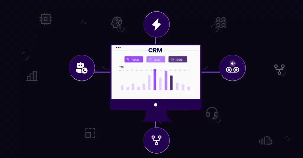 A computer screen displaying a CRM dashboard with bar charts and figures, surrounded by icons for automation, analytics, AI Calling Service integration, contacts, and business functions-all in purple tones on a dark background. VoiceDrop Ringless Voicemails