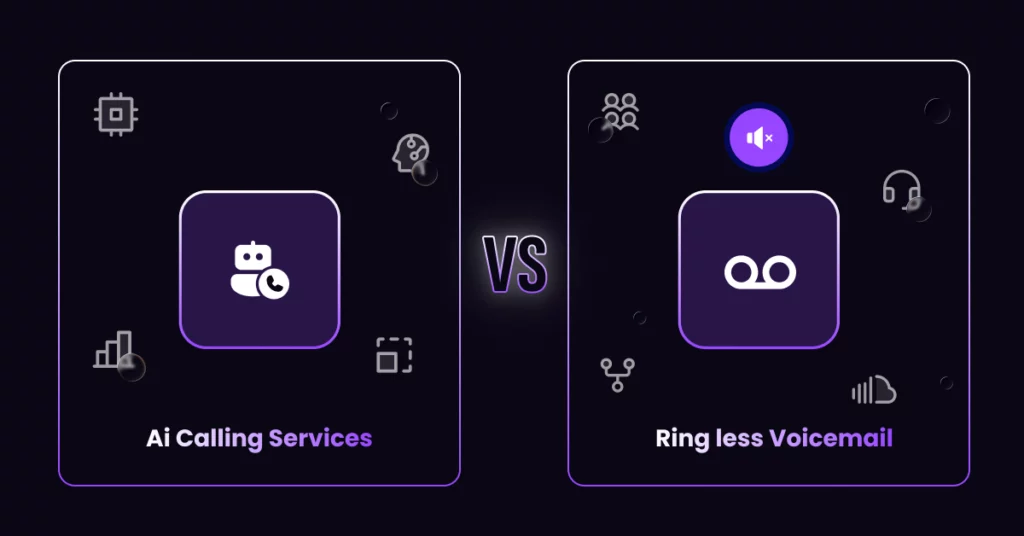 Comparison graphic showing an Effective AI Calling Service on the left with a robot icon, and Ringless Voicemail on the right with a voicemail icon, separated by VS in the center. Various tech and communication icons surround each section. VoiceDrop Ringless Voicemails