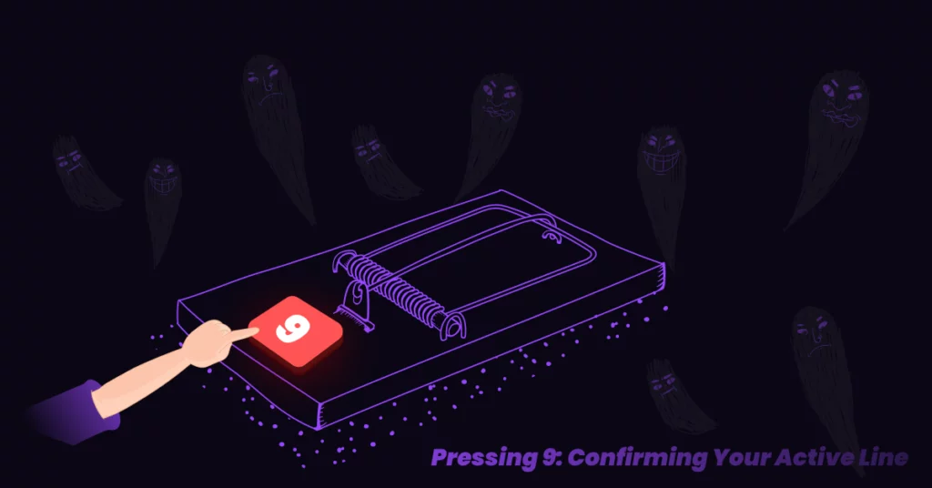 An illustrated hand presses a glowing red “9” button on a mousetrap set on a phone, surrounded by ghostly faces. Text at the bottom reads, “Does Pressing 9 Stop Telemarketers? Confirming Your Active Line.”. VoiceDrop Ringless Voicemails