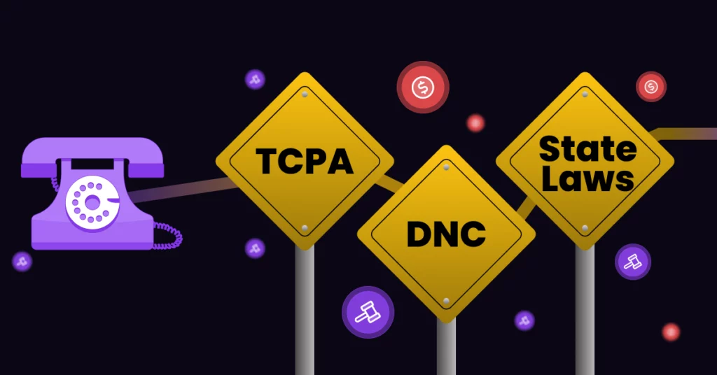 Illustration of a purple rotary phone facing three yellow road signs labeled TCPA, DNC, and State Laws, highlighting cold calling compliance in the USA with various colored icons scattered on a dark background. VoiceDrop Ringless Voicemails