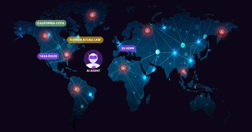 A world map with glowing network lines, red alert icons, and labels for laws: CALIFORNIA CCPA, FLORIDA AI CALL LAW, EU GDPR, TAXA RULES highlights an AI agent icon at the center-illustrating global AI calling laws and AI call legality. VoiceDrop Ringless Voicemails